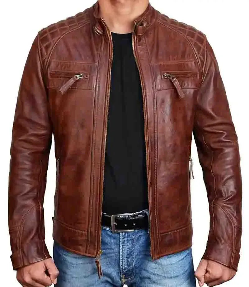 Mens Brown Cafe Racer Vintage Quilted Leather Jacket - MovieStarJacket