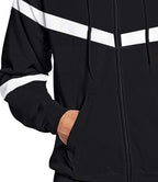 Black hoodie with white reflective stripes on a white background