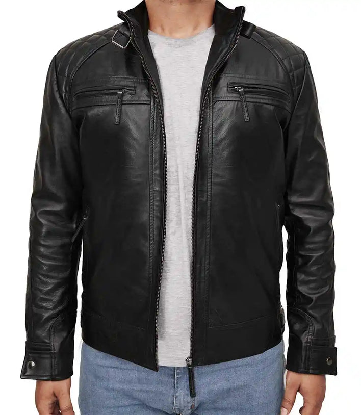 Biker Cropped Leather Moto Jacket Black

