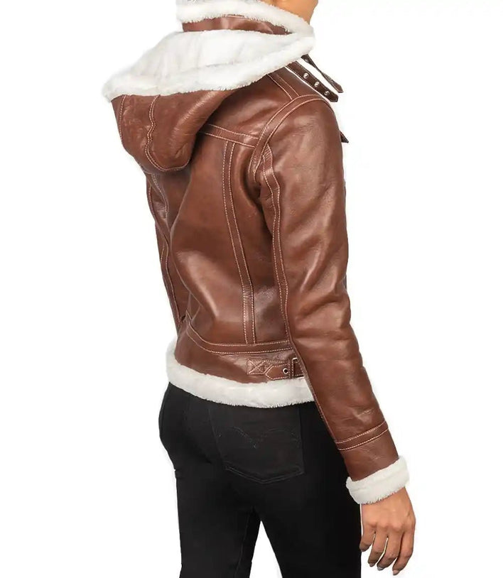 Distressed Brown Women Hooded Leather Jacket - MovieStarJacket