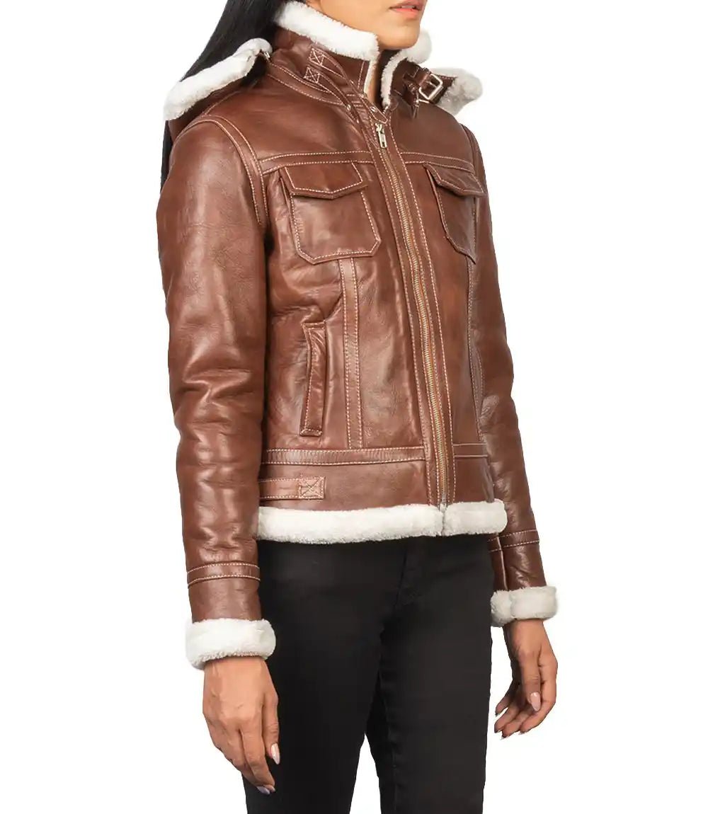 Distressed Brown Women Hooded Leather Jacket - MovieStarJacket