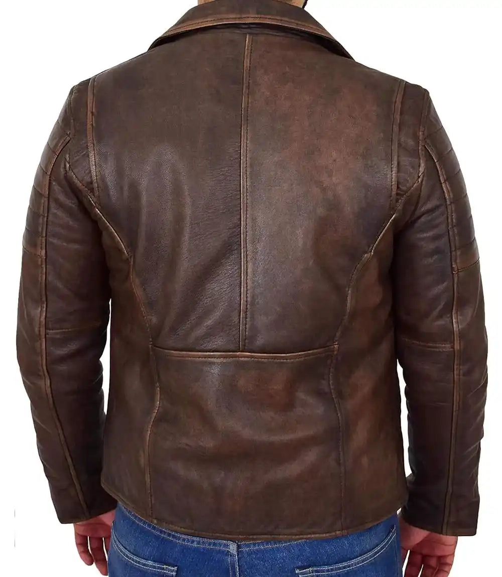 Brown leather jacket worn by a person on a white background