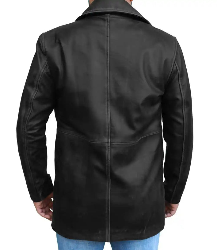 Black leather jacket worn by a person on a white background
