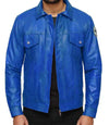 Blue leather jacket worn by a person on a white background