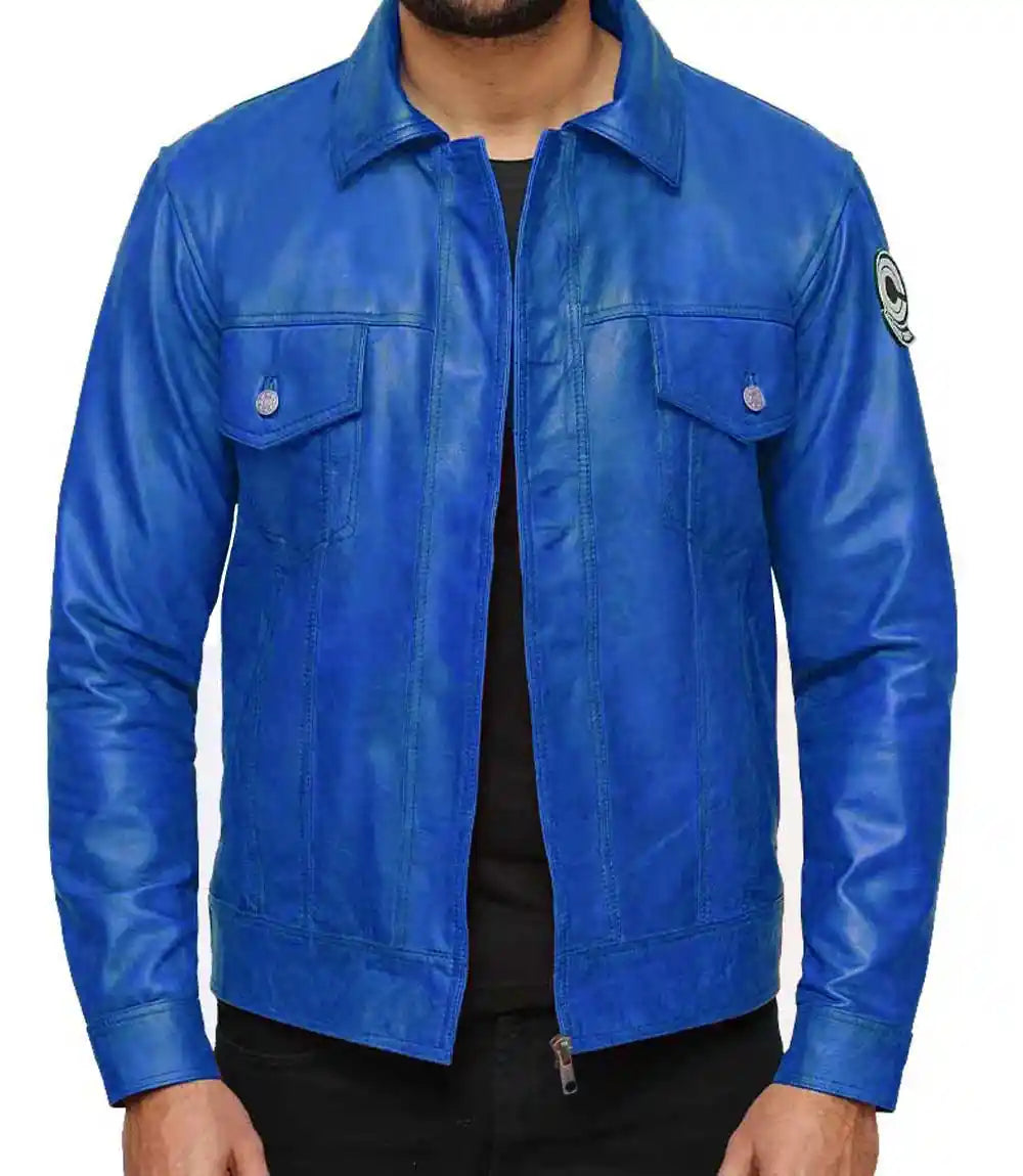 Blue leather jacket worn by a person on a white background