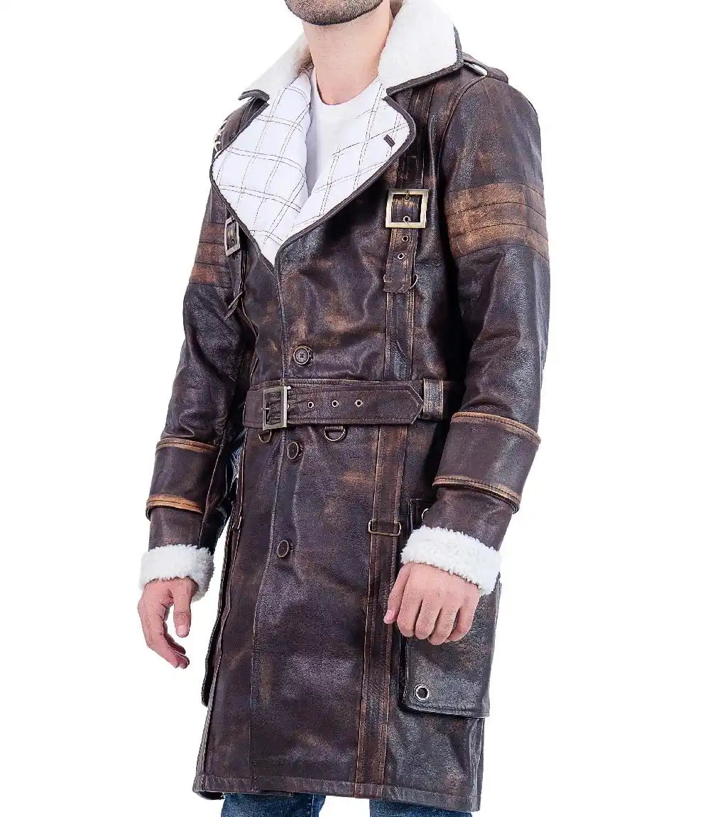 Brown leather coat with white fur lining on a white background