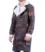 Brown leather coat with white fur lining on a white background