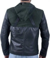 Green and black leather jacket with hood on a white background