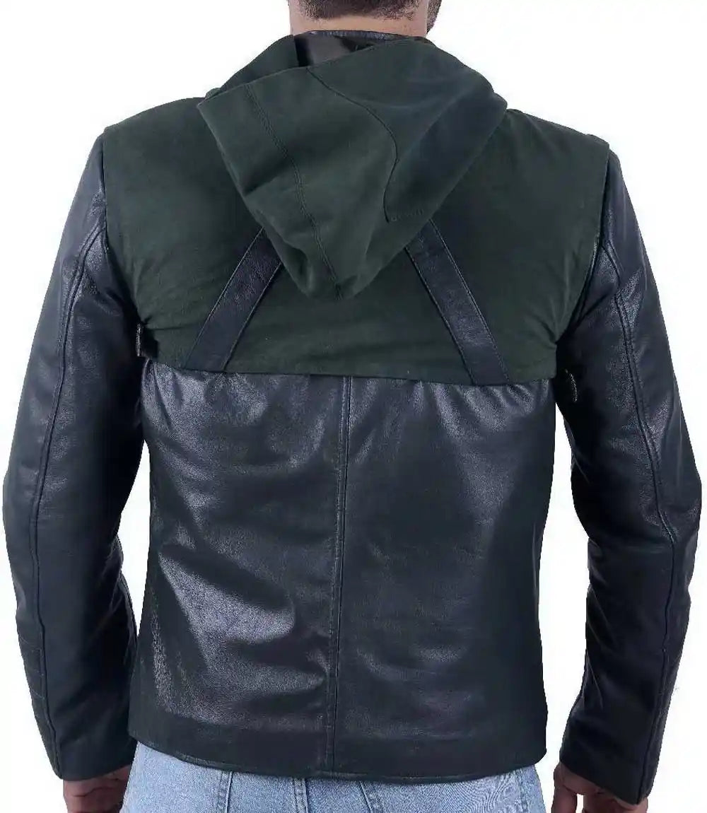 Green and black leather jacket with hood on a white background