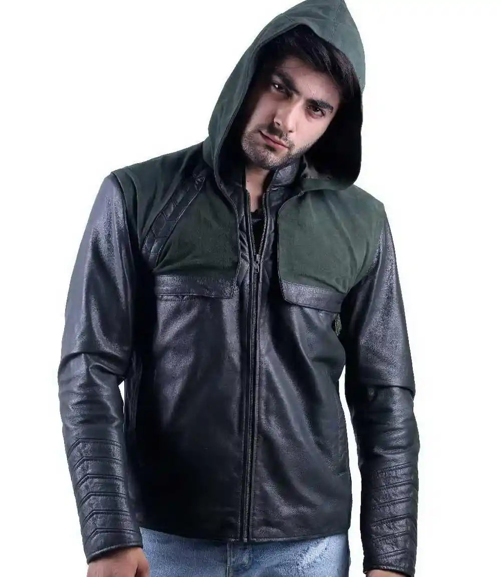 Man wearing a black and green leather jacket with a hood on a white background