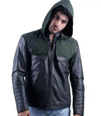 Man wearing a black and green leather jacket with a hood on a white background