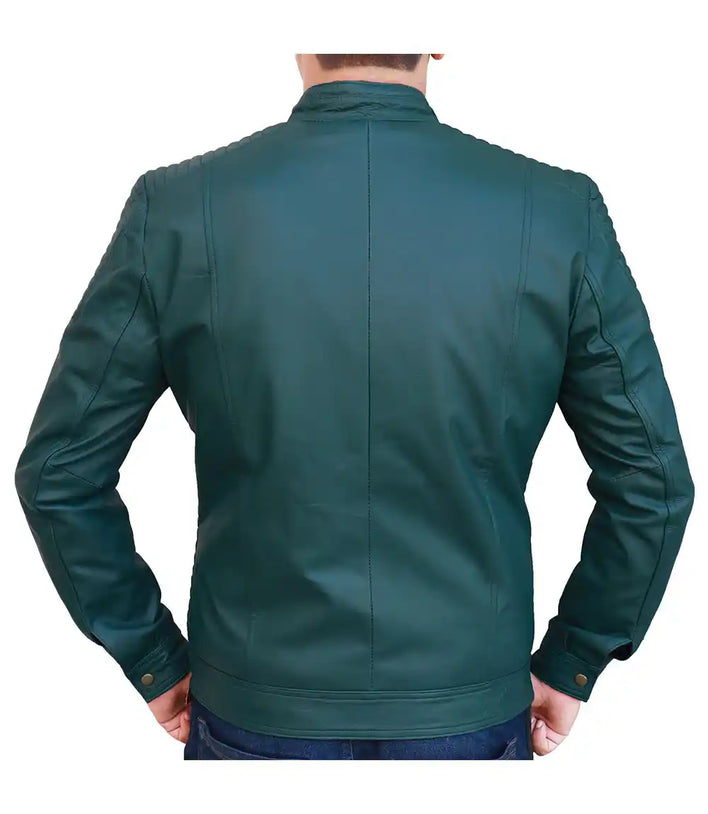 Green leather jacket worn by a person on a white background