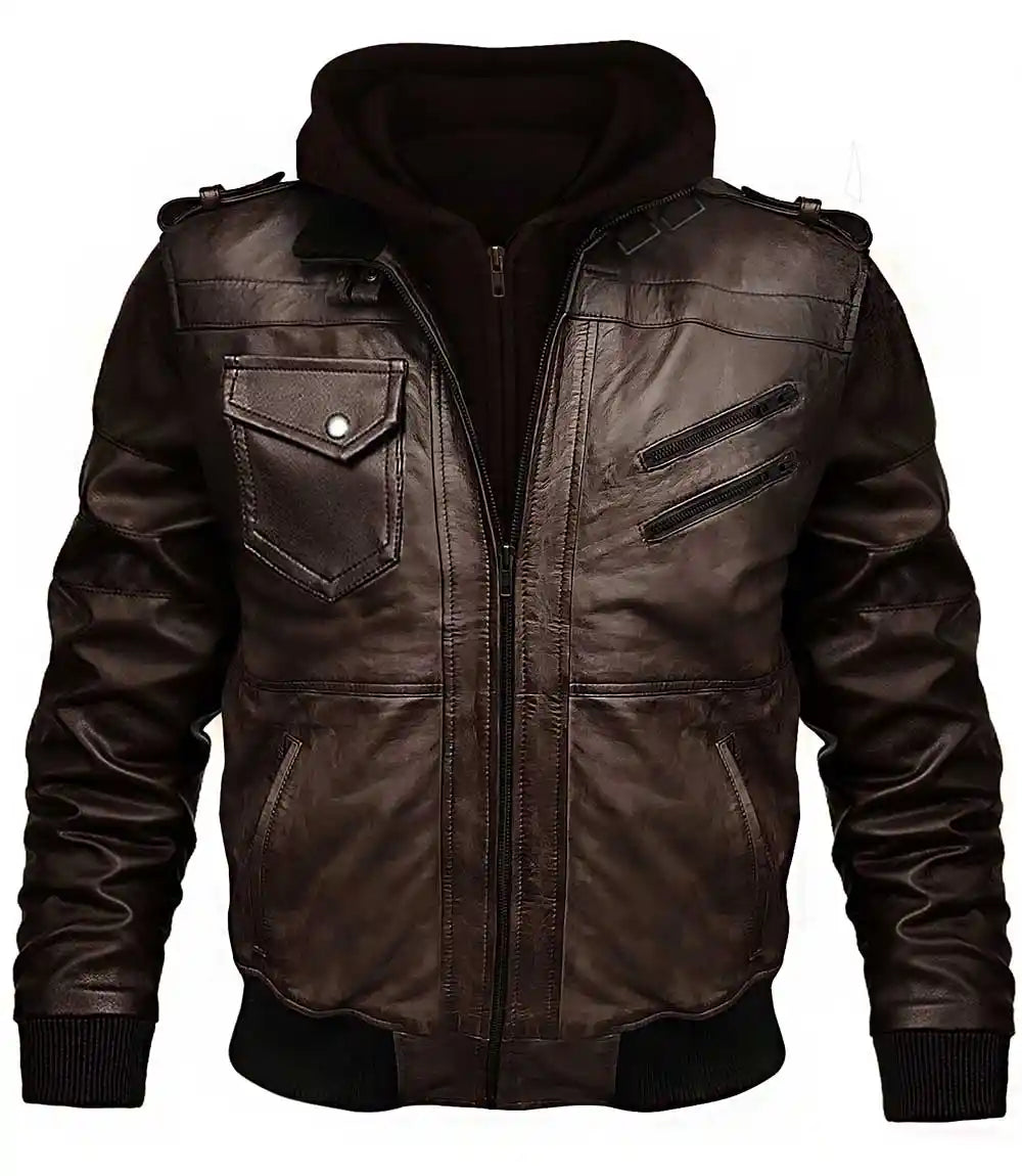 Vintage Leather Jacket With Hood

