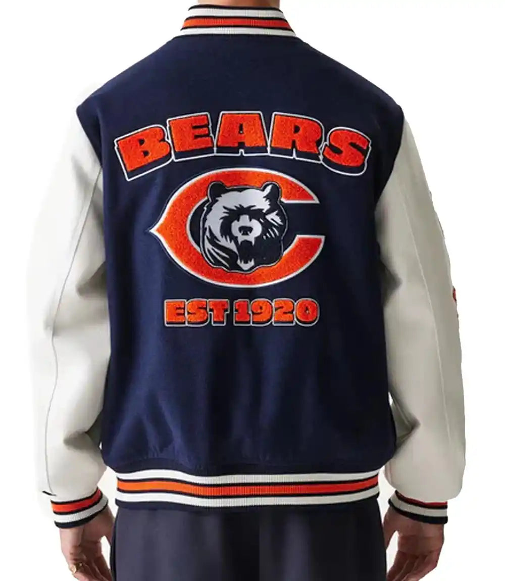 Navy and white varsity jacket with 'BEARS EST 1920' design on the back