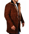 Brown suede coat with fur lining on a white background