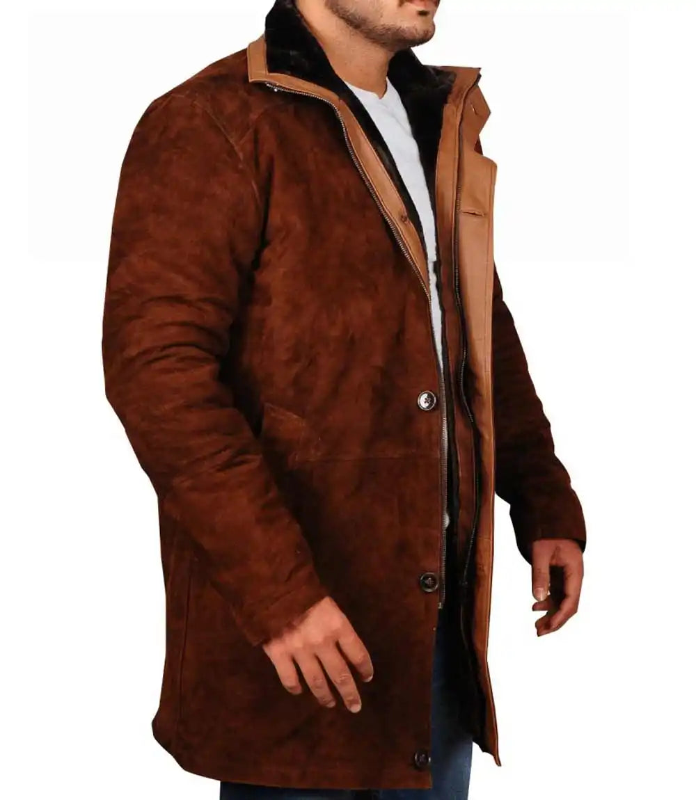 Brown suede coat with fur lining on a white background