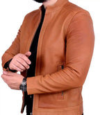 Mens Biker Cognac Leather Jacket - MovieStarJacket