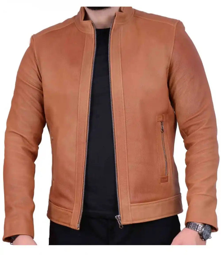 Mens Biker Cognac Leather Jacket - MovieStarJacket
