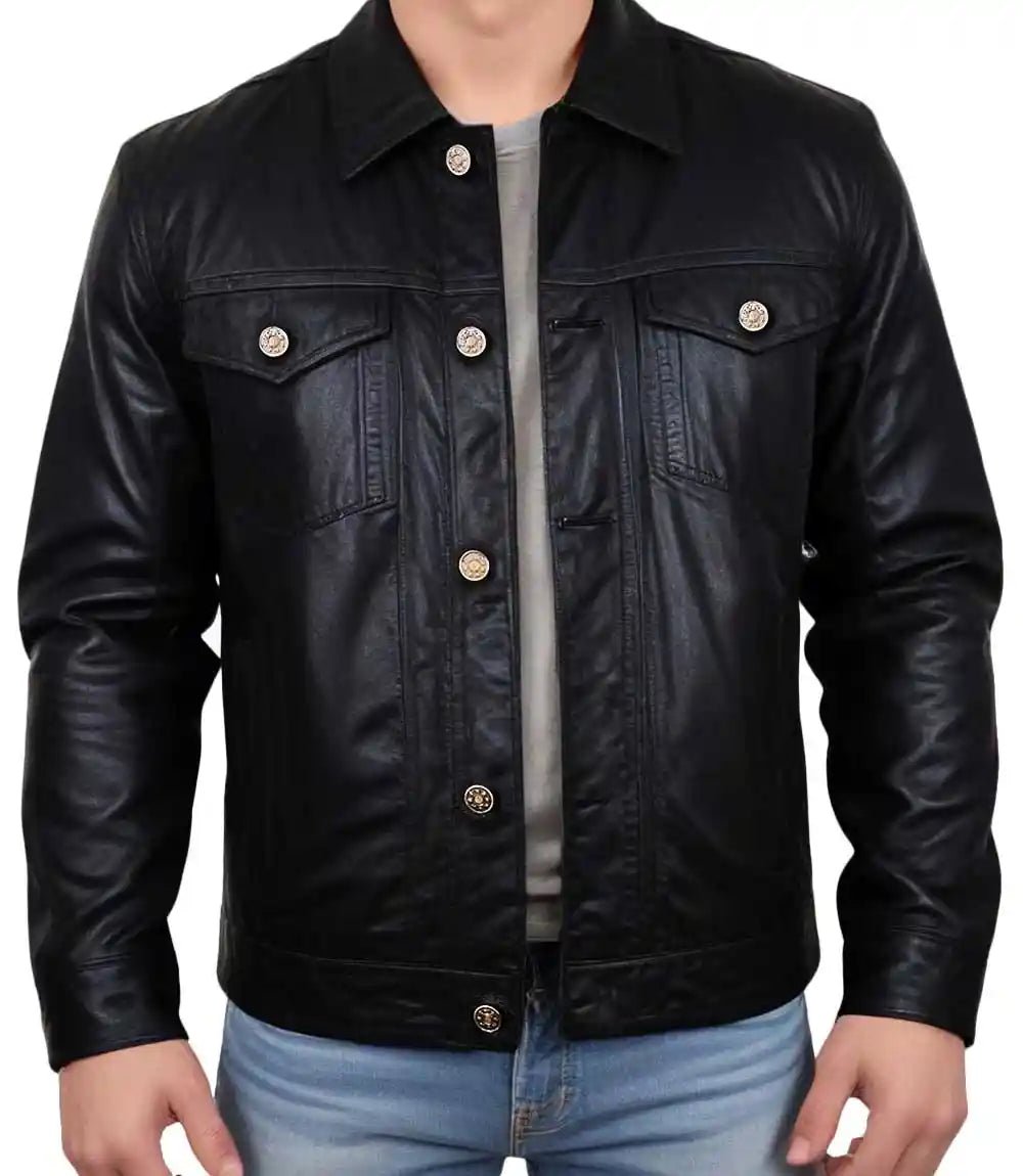 Mens Black Lambskin Trucker Leather Jacket - MovieStarJacket