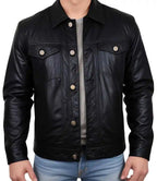 Mens Black Lambskin Trucker Leather Jacket - MovieStarJacket