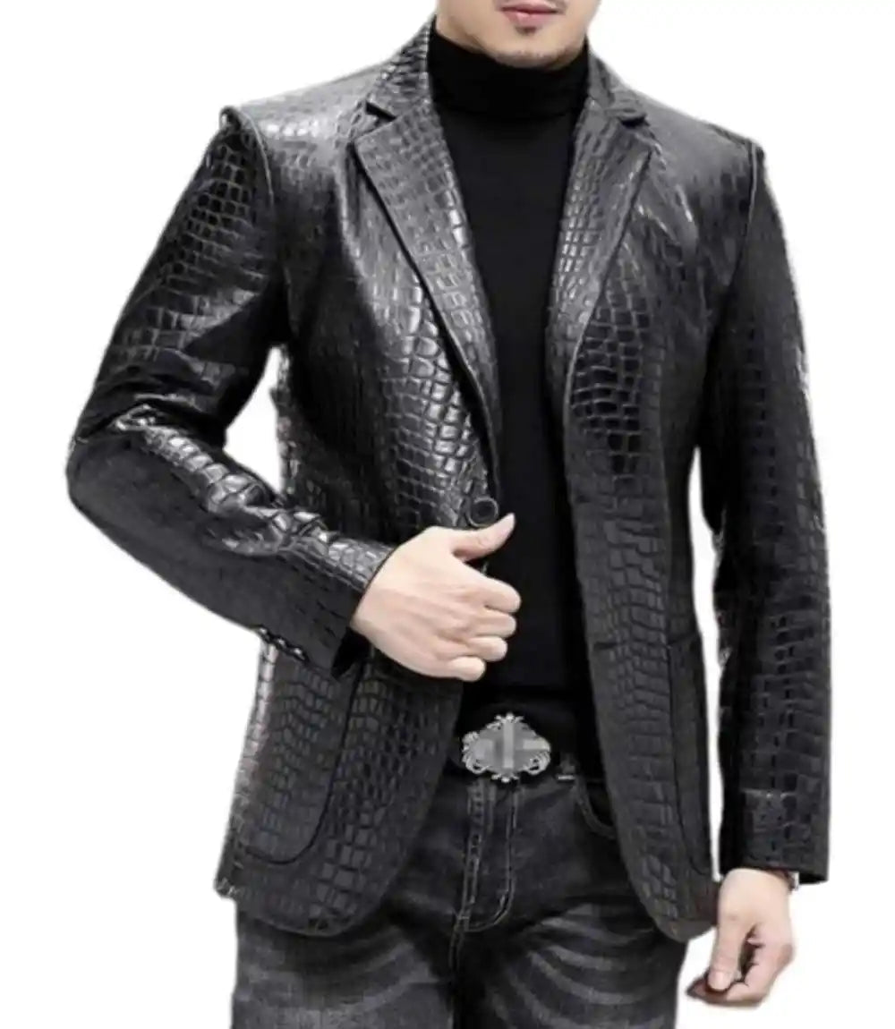 Mens Black Leather Alligator Texture Blazer Coat - MovieStarJacket