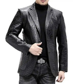 Mens Black Leather Alligator Texture Blazer Coat - MovieStarJacket