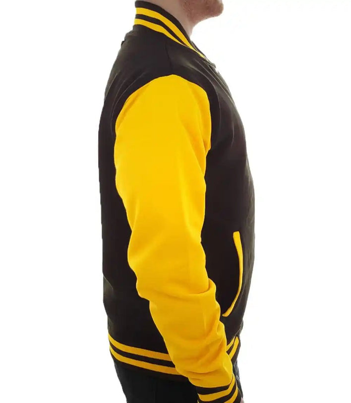 Mens Bomber Black and Yellow Letterman Jacket - MovieStarJacket