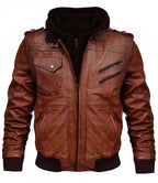 Mens Brown Waxed Leather Bomber Jacket With Hood - MovieStarJacket