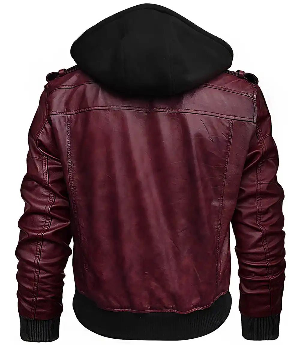 Mens Burgundy Vintage Leather bomber Jacket Hood - MovieStarJacket