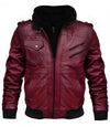 Mens Burgundy Vintage Leather bomber Jacket Hood - MovieStarJacket