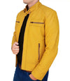 Mens Cropped Yellow Leather Moto Jacket - MovieStarJacket