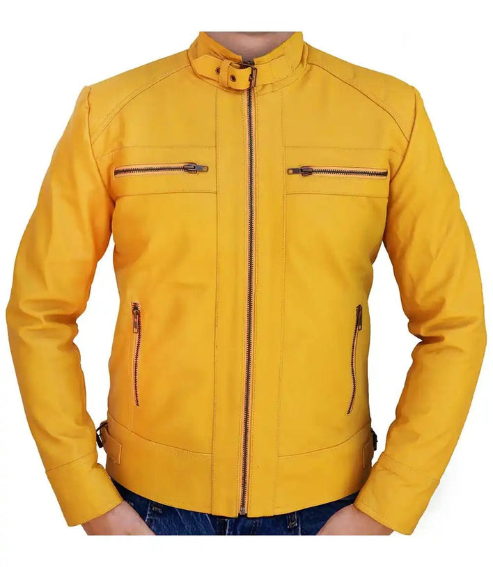 Mens Cropped Yellow Leather Moto Jacket - MovieStarJacket
