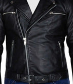 Black leather jacket with zippers on a white background