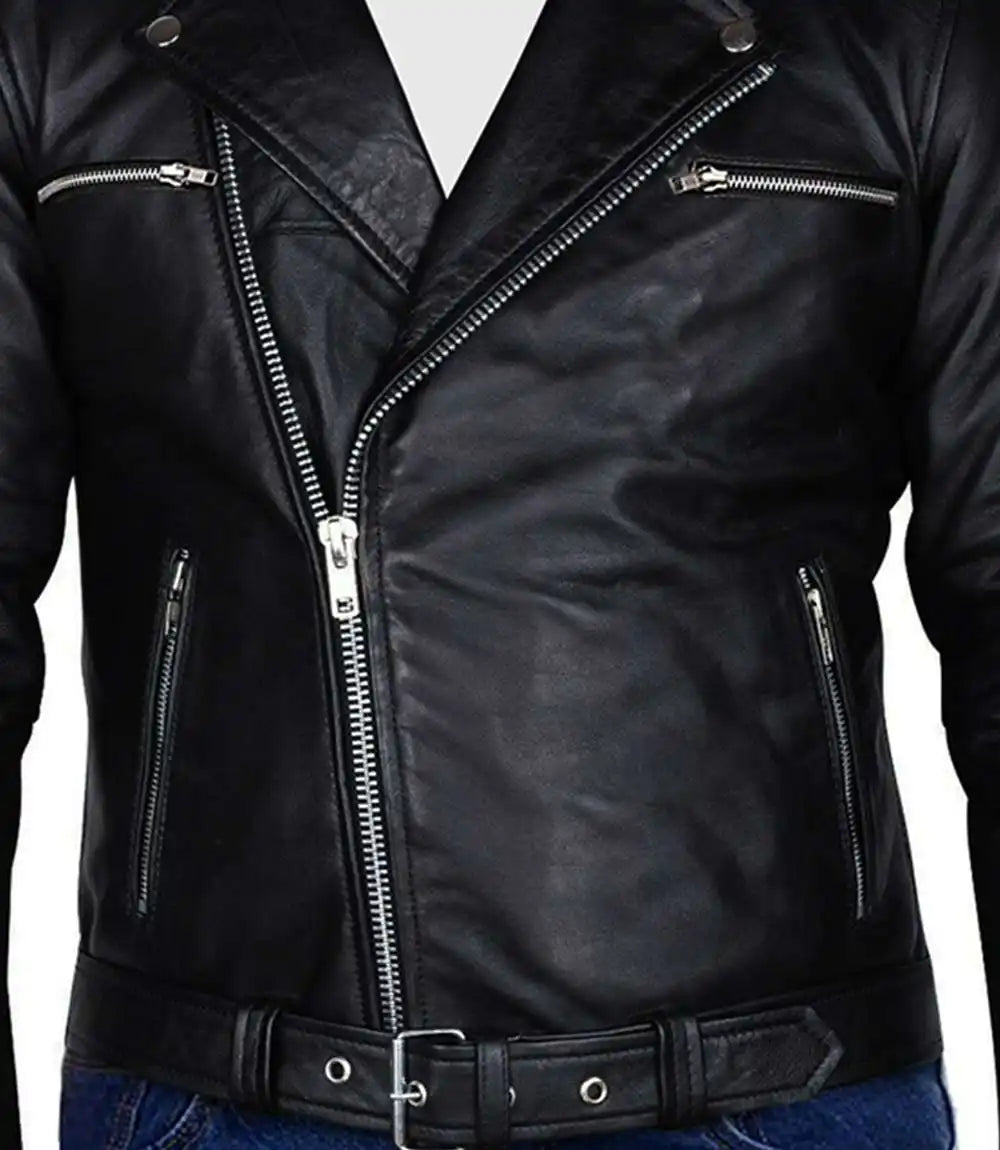 Black leather jacket with zippers on a white background