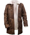 Brown leather coat with white fur lining on a white background