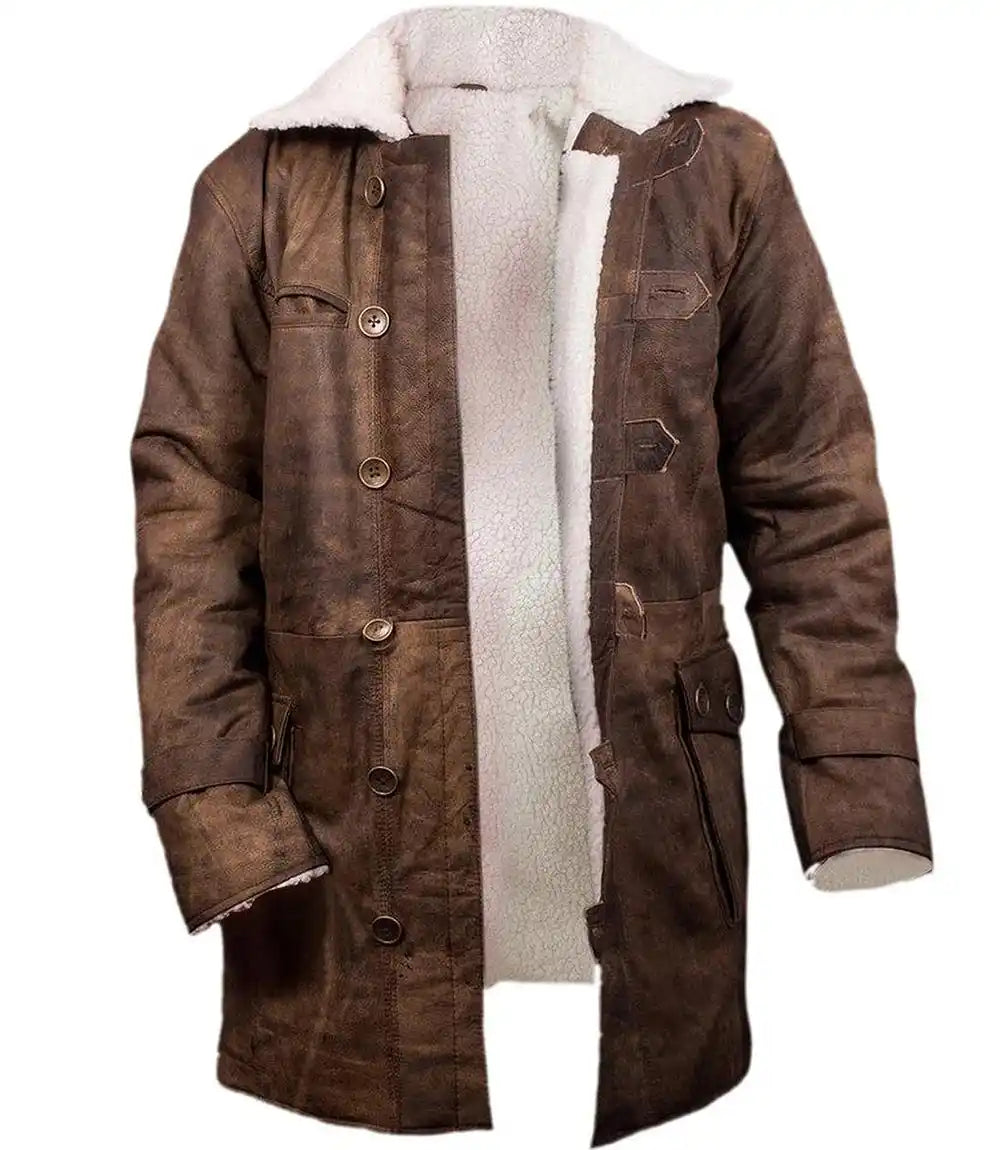 Brown leather coat with white fur lining on a white background