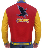 Red and yellow varsity jacket with a bird logo and 'CROWS' text on the back, worn by a person.