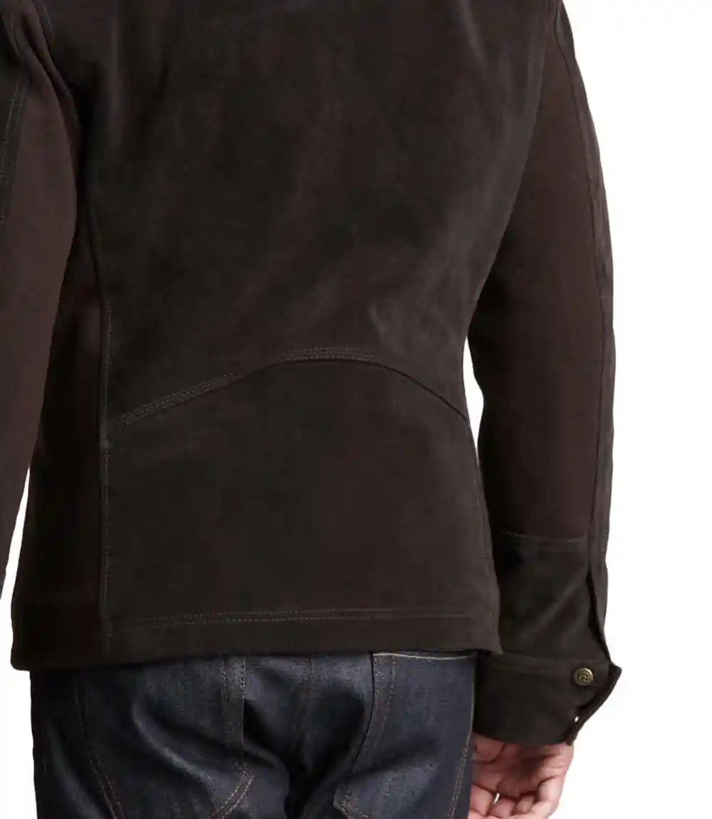 Brown jacket worn by a person on a white background