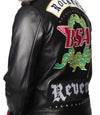 Black leather jacket with BSA and Revenant logos on a white background