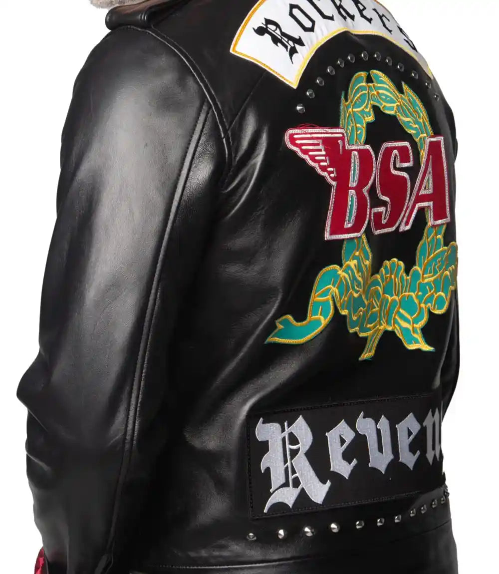 Black leather jacket with BSA and Revenant logos on a white background