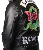 Black leather jacket with BSA and Revenant logos on a white background