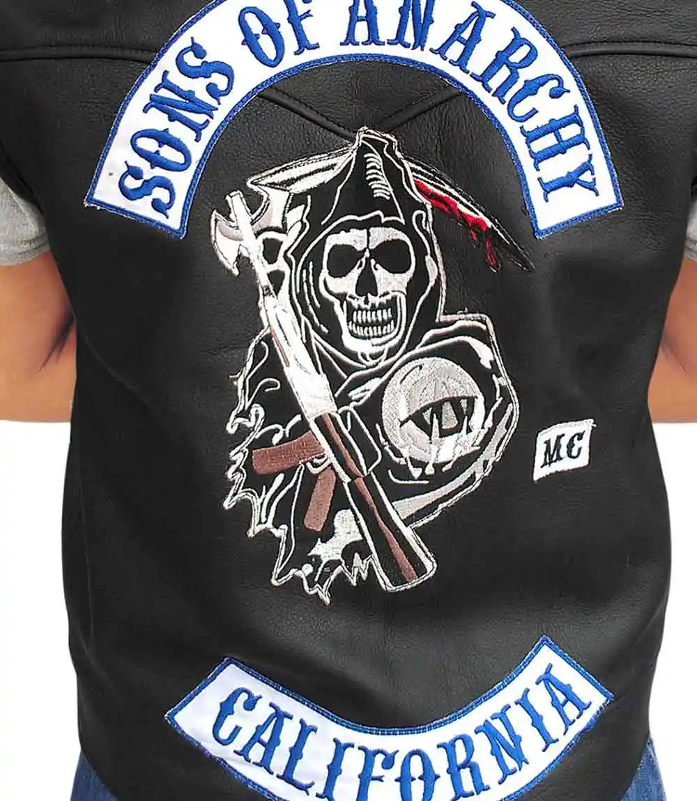 Black leather jacket with 'Sons of Anarchy' logo and text on a white background