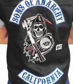 Black leather jacket with 'Sons of Anarchy' logo and text on a white background