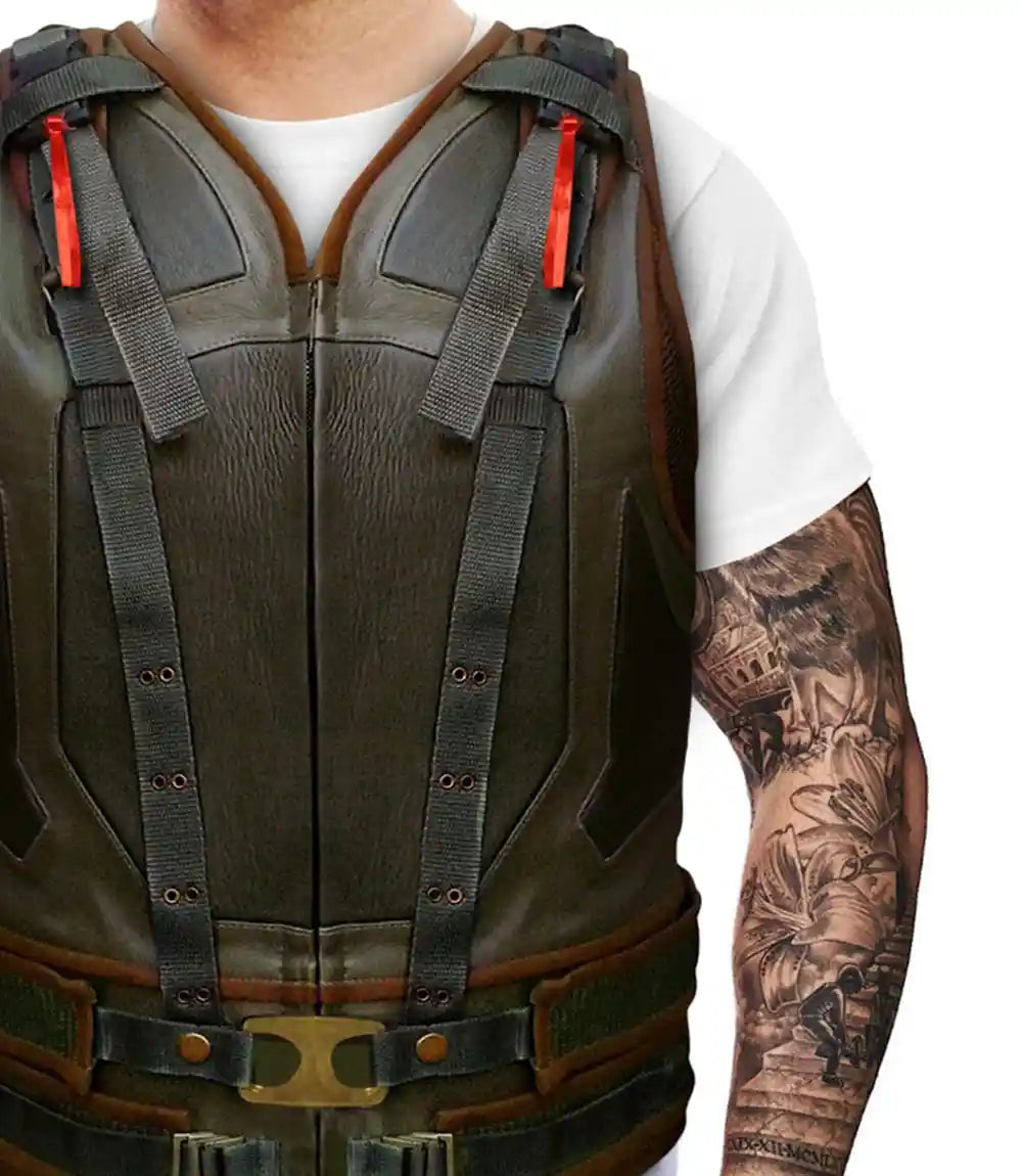 Person wearing a tactical vest with red straps on a white background
