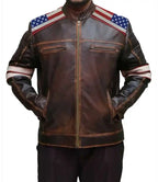 Brown Distressed Leather Moto Jacket USA Flag for Sale

