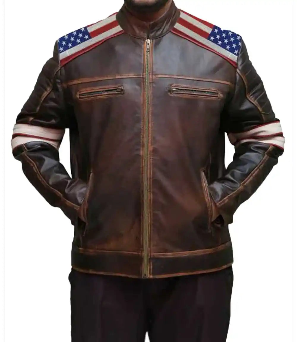 Brown Distressed Leather Moto Jacket USA Flag for Sale

