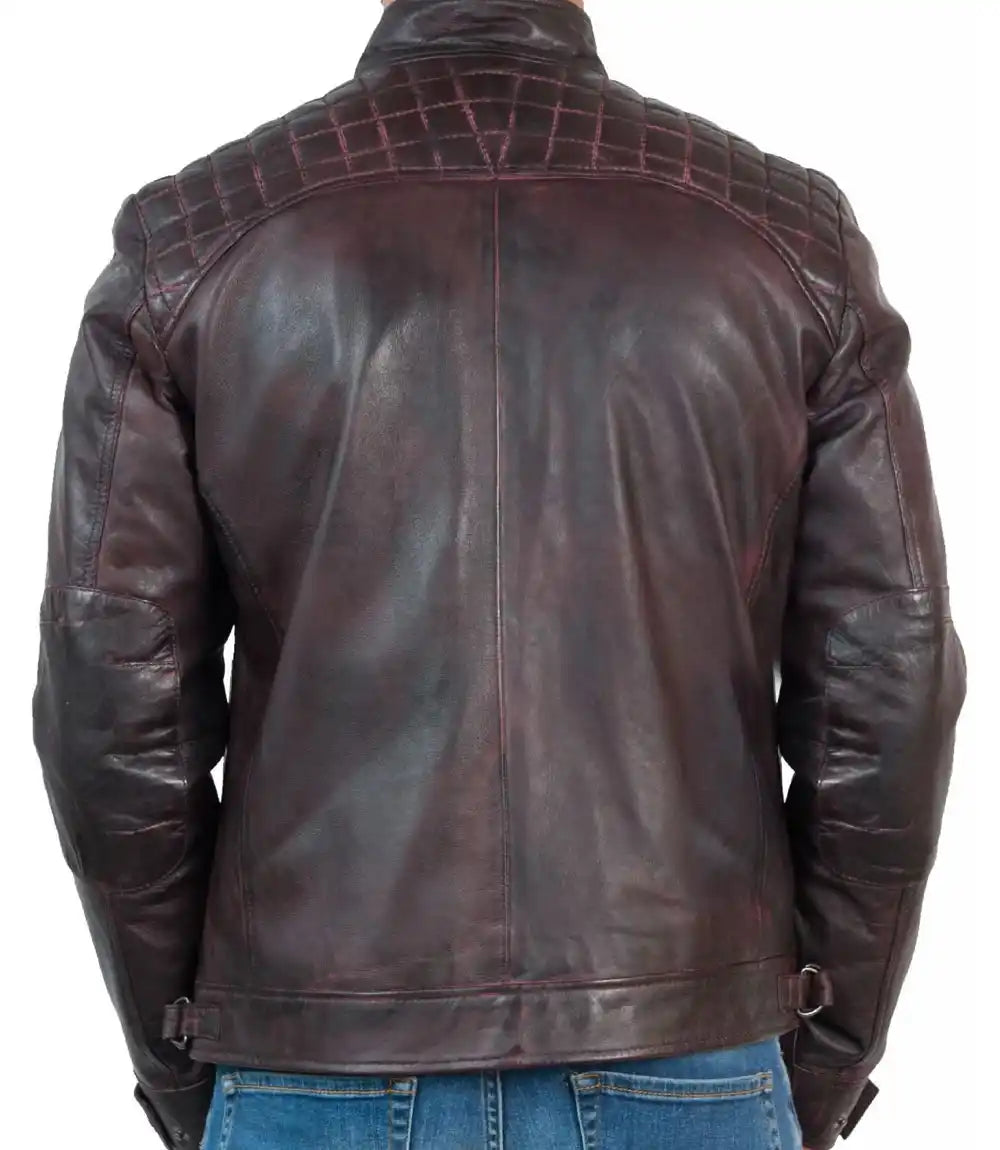 Mens Vintage Burgundy Cafe Racer Leather Jacket
