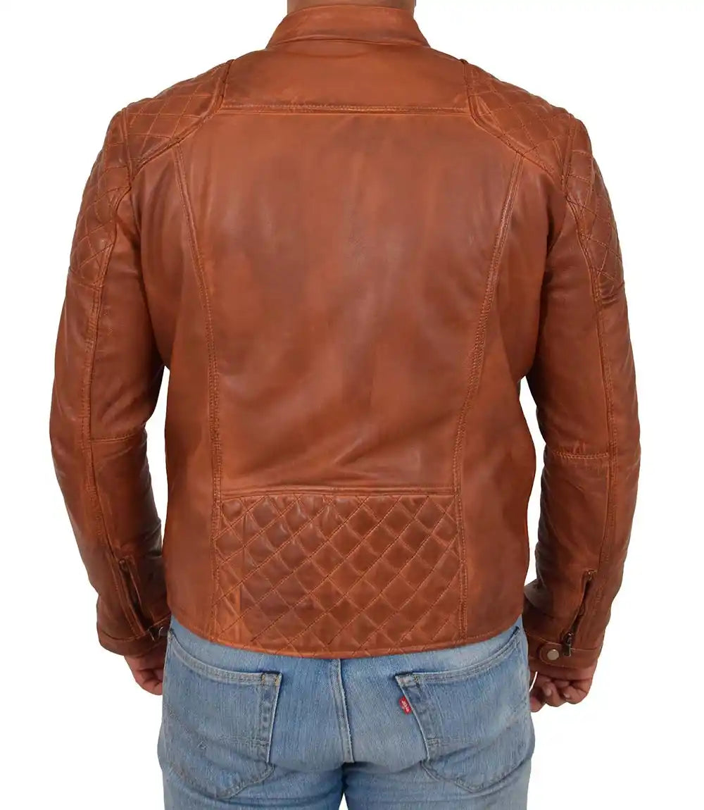 Brown leather jacket with quilted design on a white background