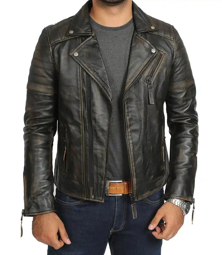 Mens 80s Motorcycle Vintage Distressed Leather Jacket