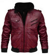 Mens Burgundy Leather Jacket Hood

